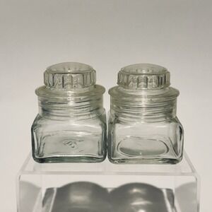 (2) Vintage Squibb Clear Glass Apothocary Stash Jars Twist Off Plastic Lid Small